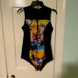 Torrid Bathing Suit One Piece Zip Up Sleeveless Rash Gaurs Tropical